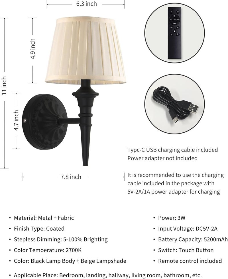KDG Cordless Wall Sconces Set of 2, Small Wireless 5200mAh Rechargeable Battery Fabric LED Wall Lamps, Portables Lightings for Wall Painting, Living Room, Bedroom, Hallway, Gifts, Night Light (Black) - Image 5